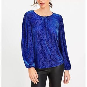 LOFT Top Womens XS Mosaic Cozy Velour Pullover NEW Cobalt Blue Puff Sleeve